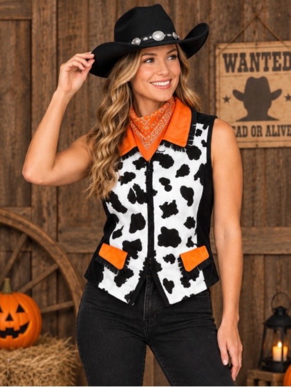 VTG Berek Cow Print Beaded Vest Orange Fringe Collar Western Halloween Costume M